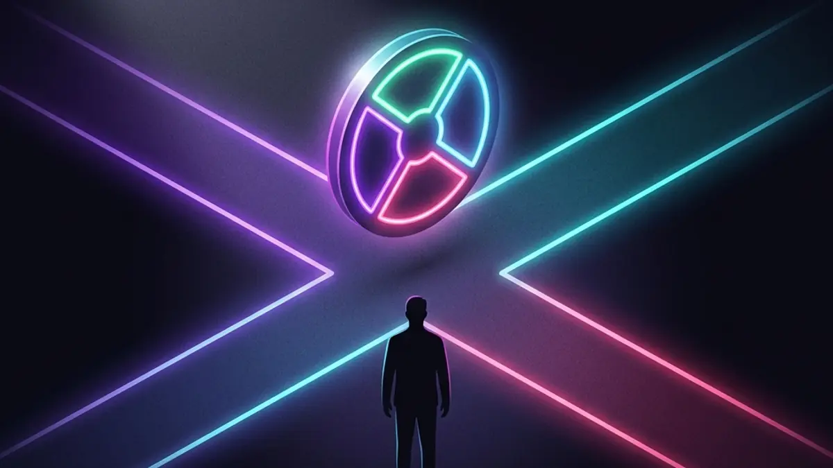 Person at a crossroads with a glowing decision wheel