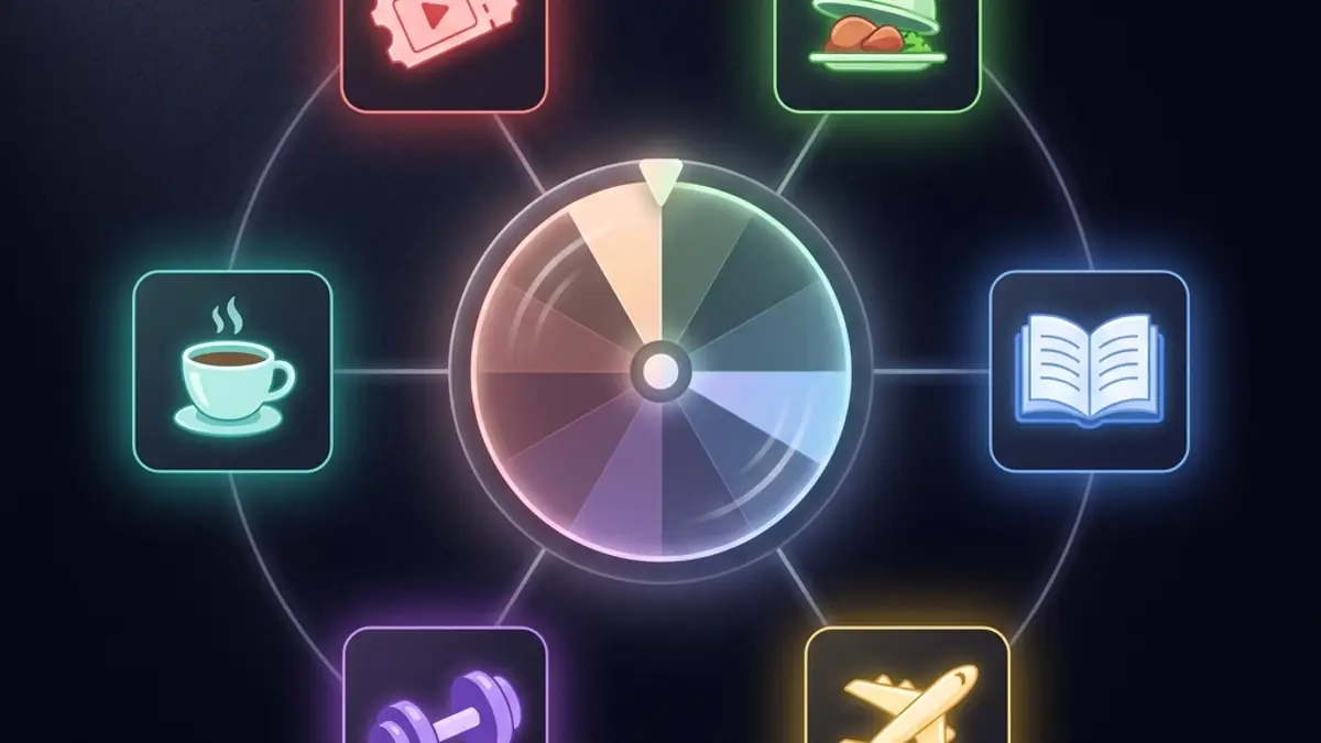 Decision wheel surrounded by floating option cards