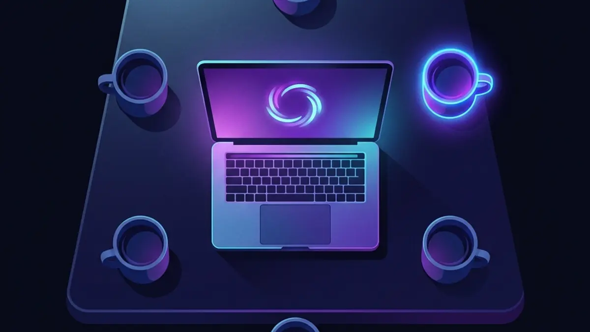 Conference table with laptop showing icebreaker wheel