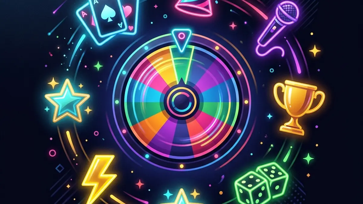Spinning wheel surrounded by game icons and party elements