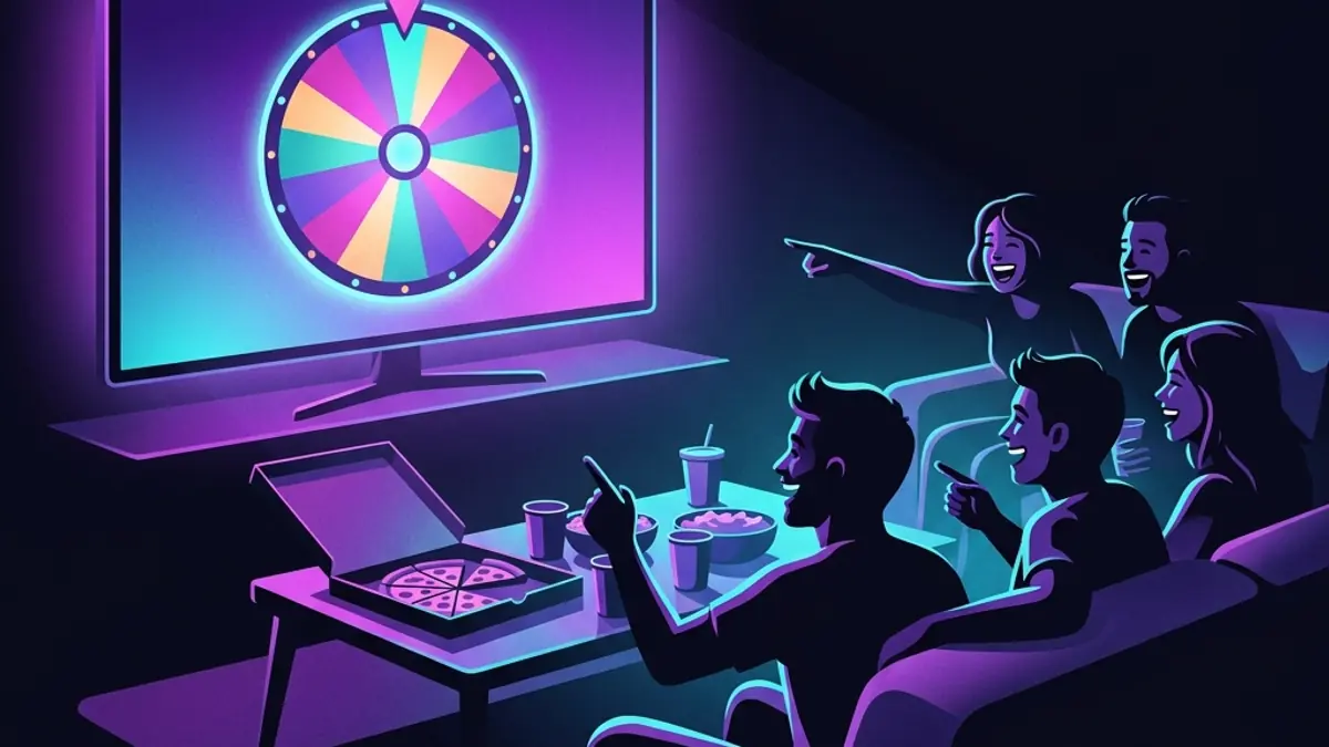 Friends watching a spinning wheel game on TV at a party